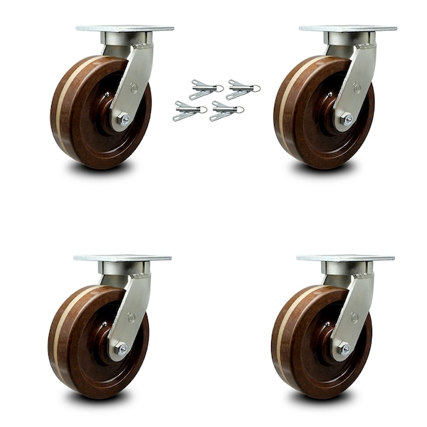 8 Inch Heavy Duty High Temp Phenolic Swivel Caster Set with Swivel Locks, 4PK